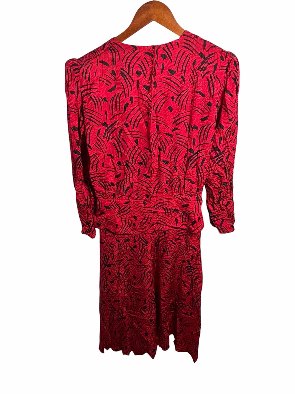 Vtg 100% Silk Red Patterned Long-Sleeve Midi Dress - Picture 3 of 10